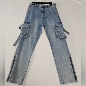 Y2K Cargo Baggy Jeans Mens/Womens Relaxed Wide Leg Light Wash Ankle Zip Medium